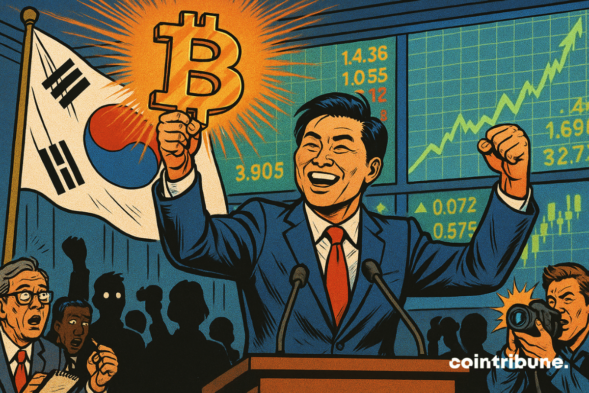 Um presidente recém-eleito ergue um gigantesco Bitcoin dourado sob aplausos, em frente à bandeira sul-coreana e a telas financeiras eufóricas. A imagem, que lembra uma história em quadrinhos dos anos 1970, captura um ponto de virada histórico: a aliança entre o poder político e a revolução das criptomoedas.