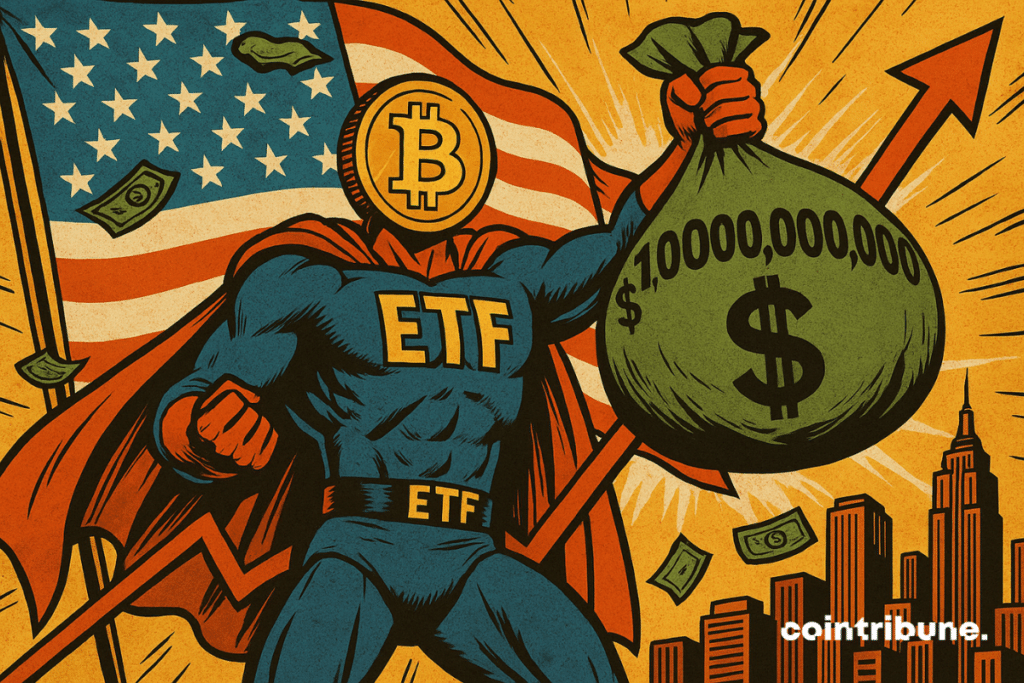 Un superhéroe musculoso con cabeza de Bitcoin, vestido con un traje marcado "ETF", blande una bolsa.