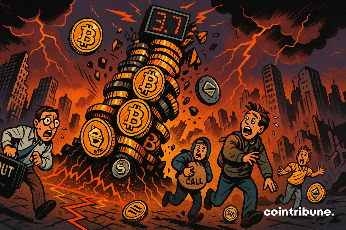 Uma torre instável construída com pilhas de moedas gigantes de Bitcoin e Ethereum, inclinadas ameaçadoramente, prontas para desabar.