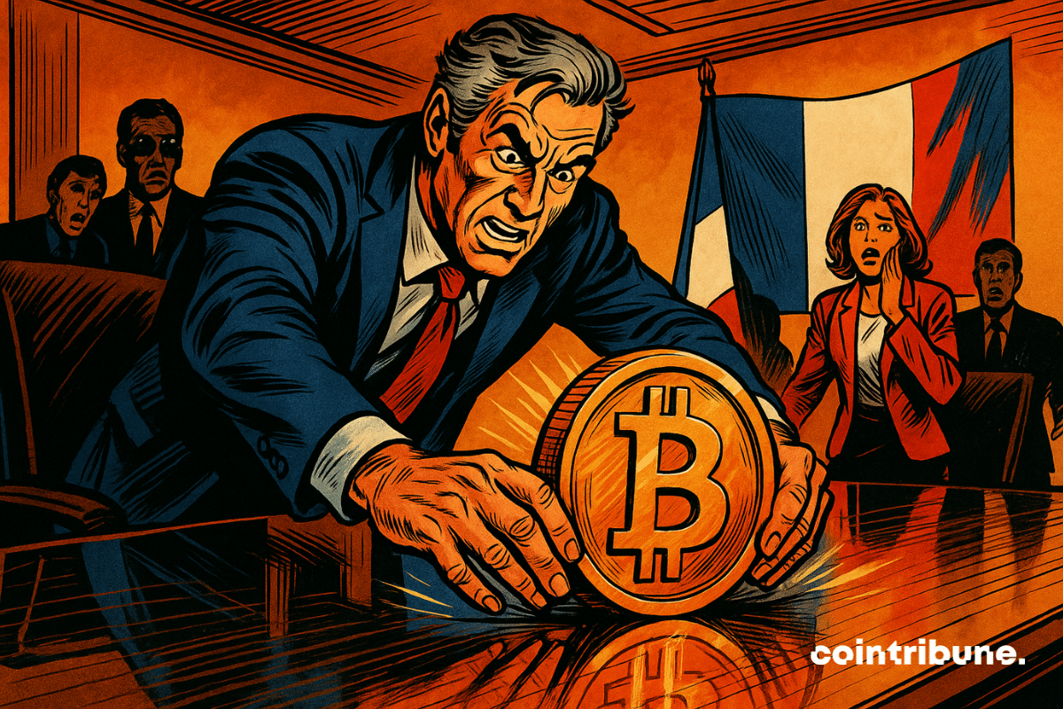 Um líder empresarial francês coloca uma moeda gigante de Bitcoin em uma mesa de reunião, enquanto seus colegas observam em choque, no estilo de história em quadrinhos dos anos 1970.