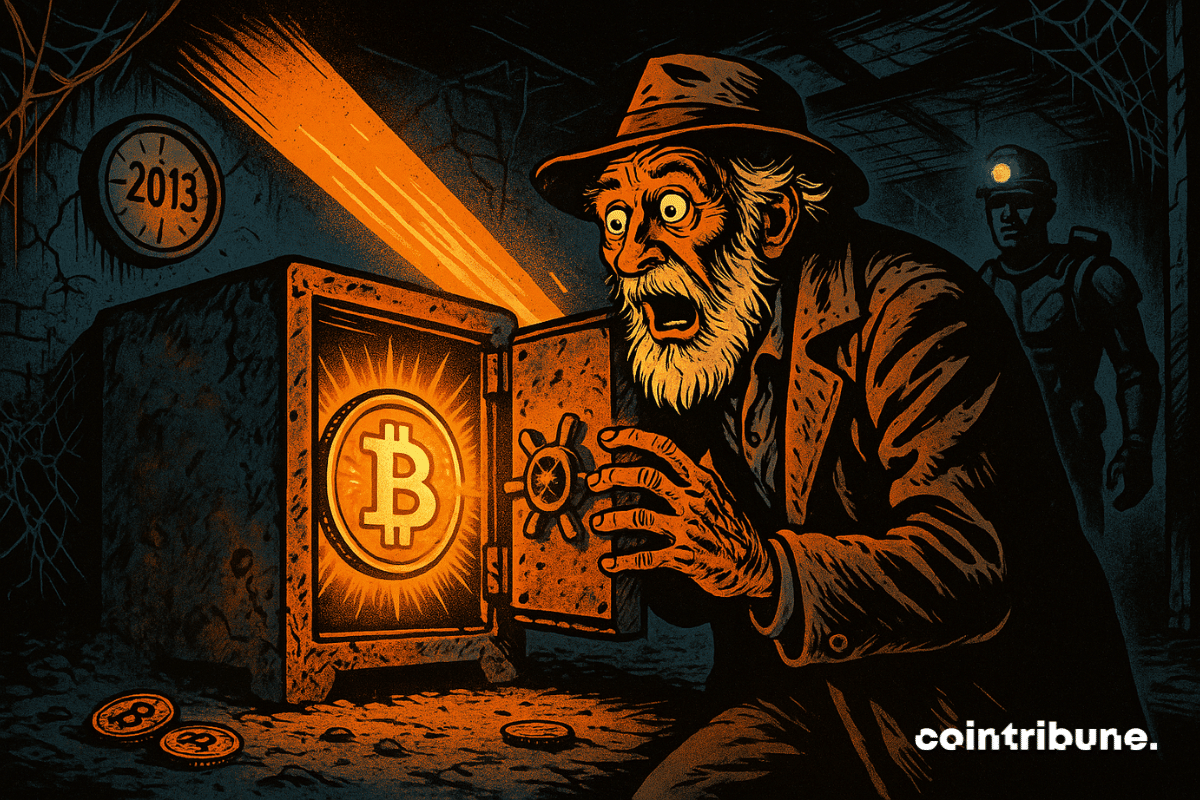Um velho atordoado descobre um baú enferrujado iluminado por um símbolo dourado do Bitcoin numa cave escura.
