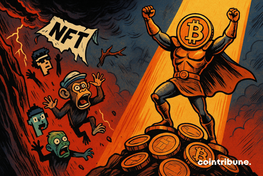 Illustration d'un bitcoin héroïque qui triomphe tandis que des NFT paniqués chutent dans un gouffre flamboyant.