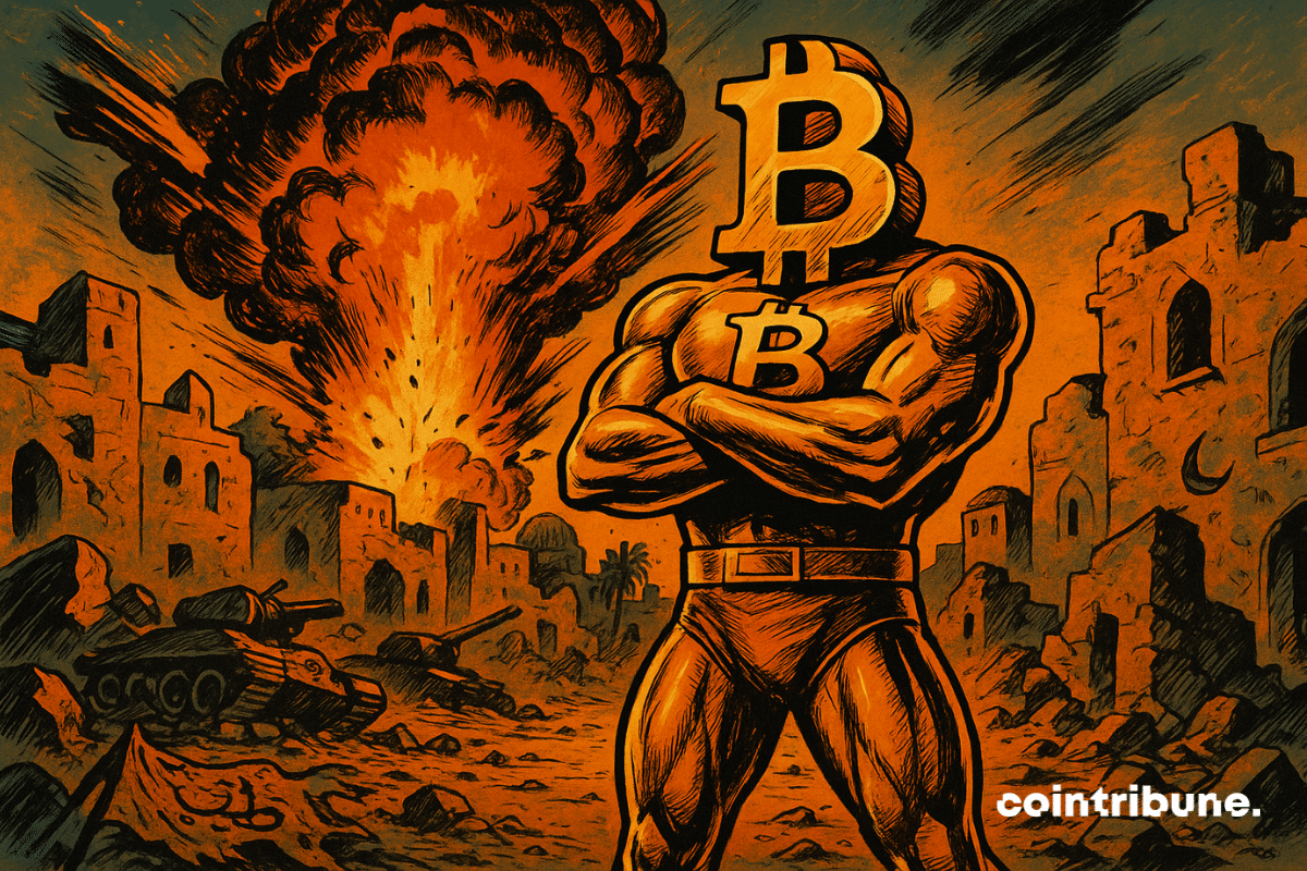 Um campo de batalha em um cenário desértico e urbano destruído. Um Bitcoin personificado como um super-herói imponente vestindo uma armadura dourada, com o símbolo ₿ gravado em destaque no peito. Uma explosão congelada ao fundo, muito próxima, mas sem afetar a figura central, simbolizando a resiliência da criptomoeda.