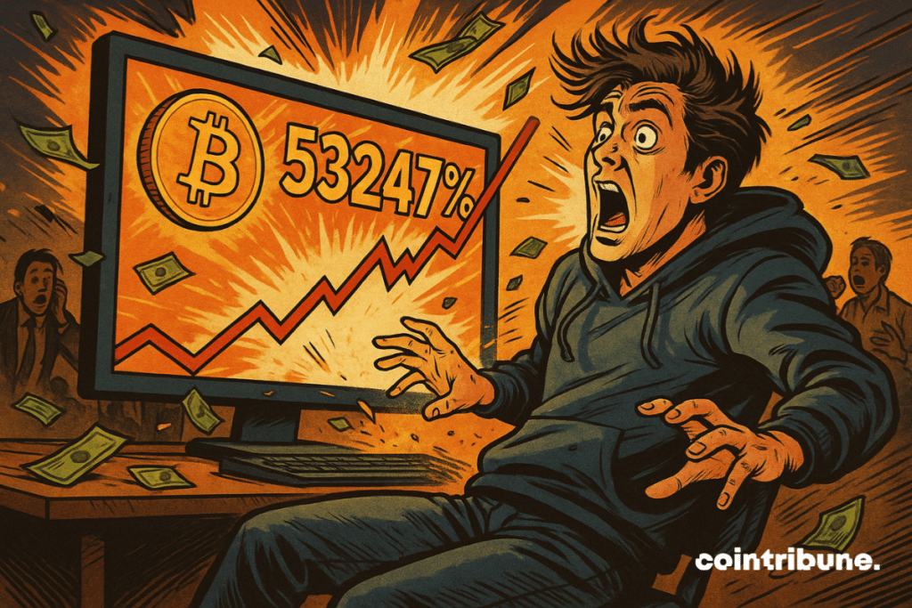 Ilustración de un trader lanzado hacia atrás en su silla por el vertiginoso aumento del Bitcoin mostrado en su pantalla: "53.247%".