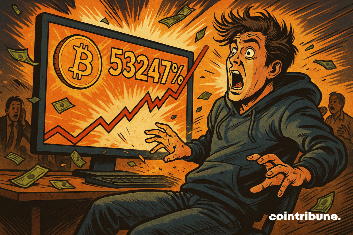 Ilustração de um trader sendo lançado para trás na cadeira pelo aumento vertiginoso do Bitcoin exibido na tela: "53.247%".