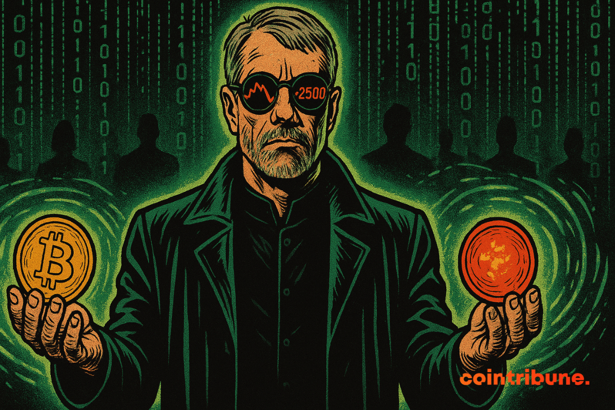 A imagem retrata uma figura carismática inspirada em Michael Saylor, no centro de um universo digital semelhante ao Matrix.