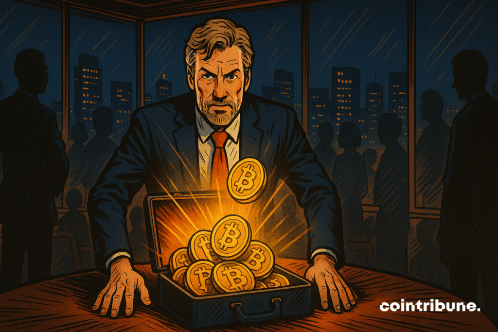 Michael Saylor em pé diante de uma maleta contendo Bitcoin.