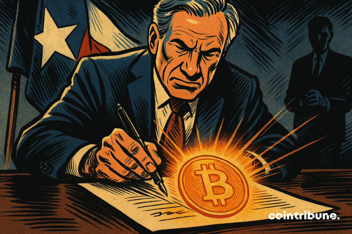 A imagem mostra um governador do Texas e um documento iluminado por um emblema do Bitcoin.