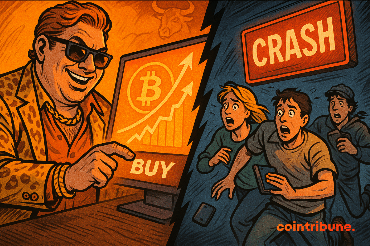 Cena dividida de uma baleia de criptomoedas comprando Bitcoin enquanto comerciantes de varejo fogem de uma queda do mercado.