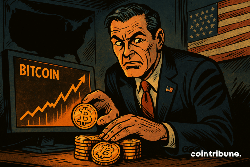 Um agente do governo dos EUA guarda Bitcoins secretamente em um escritório escuro, observado por um gráfico em forte ascensão.