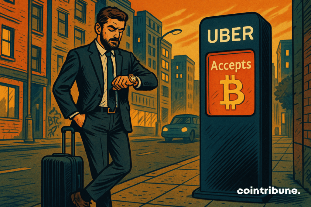 Um cliente profissional moderno espera por um carro da Uber ao lado de um terminal de pagamento em Bitcoin.