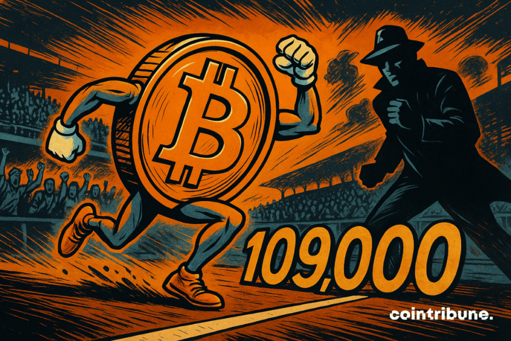 O Bitcoin personificado ultrapassa os 109 mil dólares sob aplausos, em uma cena explosiva no estilo de quadrinhos vintage.