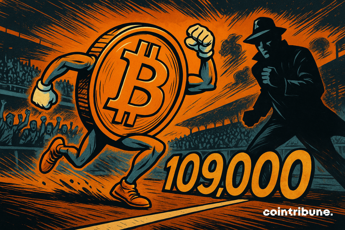 O Bitcoin personificado ultrapassa os 109 mil dólares sob aplausos, em uma cena explosiva no estilo de quadrinhos vintage.