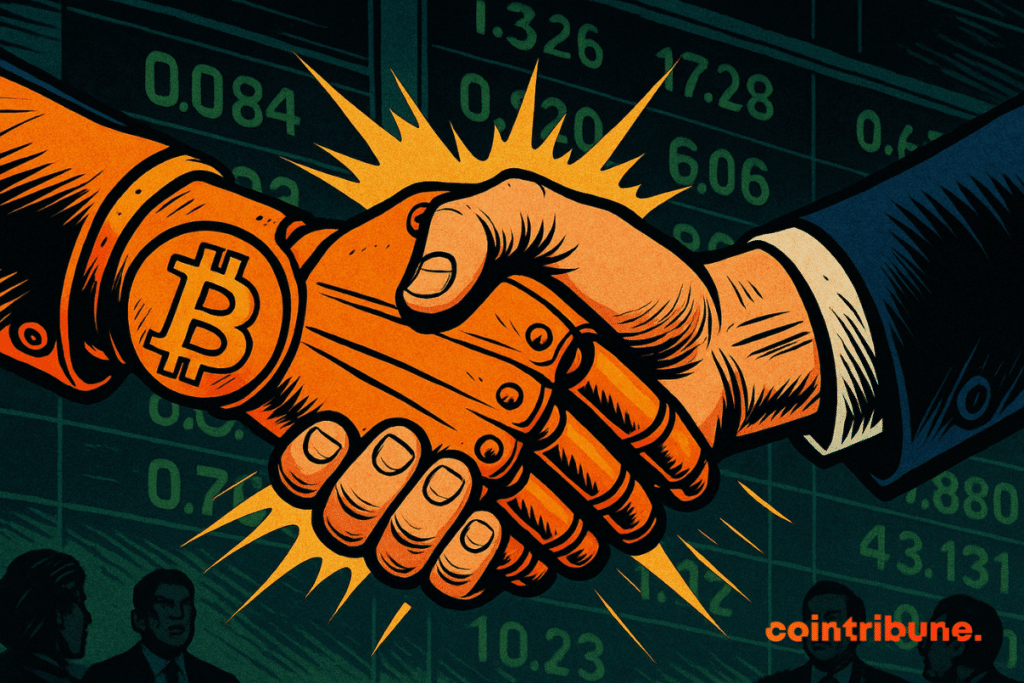 Une main robotique Bitcoin et une main humaine d'entreprise se serrent fermement devant les chiffres du marché boursier, symbolisant la coopération entre la crypto et la finance traditionnelle.