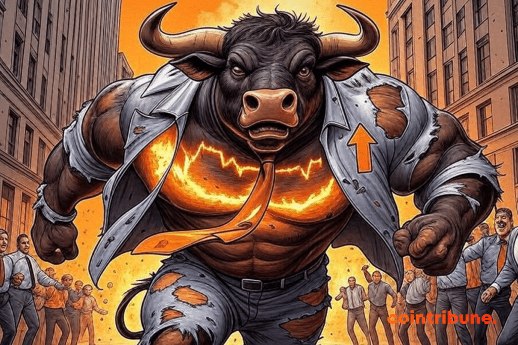 Un toro antropomórfico gigante, musculoso e imponente, vestido con ropa financiera desgarrada (chaleco y corbata andrajosa), cruza Wall Street a toda velocidad. Su torso musculoso brilla con un gráfico bursátil en llamas, mostrando flechas ascendentes que simbolizan una fuerte subida del mercado. Tras él, los rascacielos tiemblan, intensificando la escena. Los operadores reaccionan con asombro y asombro: algunos celebran, otros huyen presas del pánico. Un destello de luz naranja ilumina la escena, realzando el dinamismo de la acción. Los fuertes trazos de tinta negra, el alto contraste y el predominio del color naranja crean una impactante energía cómica, sin texto, que captura un momento de euforia y movimiento en el mercado de criptomonedas.