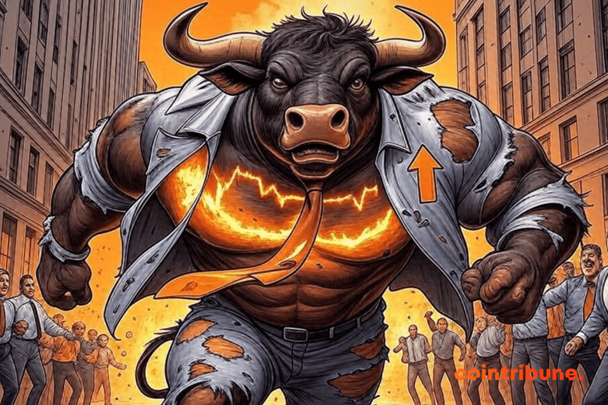 Un toro antropomórfico gigante, musculoso e imponente, vestido con ropa financiera desgarrada (chaleco y corbata andrajosa), cruza Wall Street a toda velocidad. Su torso musculoso brilla con un gráfico bursátil en llamas, mostrando flechas ascendentes que simbolizan una fuerte subida del mercado. Tras él, los rascacielos tiemblan, intensificando la escena. Los operadores reaccionan con asombro y asombro: algunos celebran, otros huyen presas del pánico. Un destello de luz naranja ilumina la escena, realzando el dinamismo de la acción. Los fuertes trazos de tinta negra, el alto contraste y el predominio del color naranja crean una impactante energía cómica, sin texto, que captura un momento de euforia y movimiento en el mercado de criptomonedas.