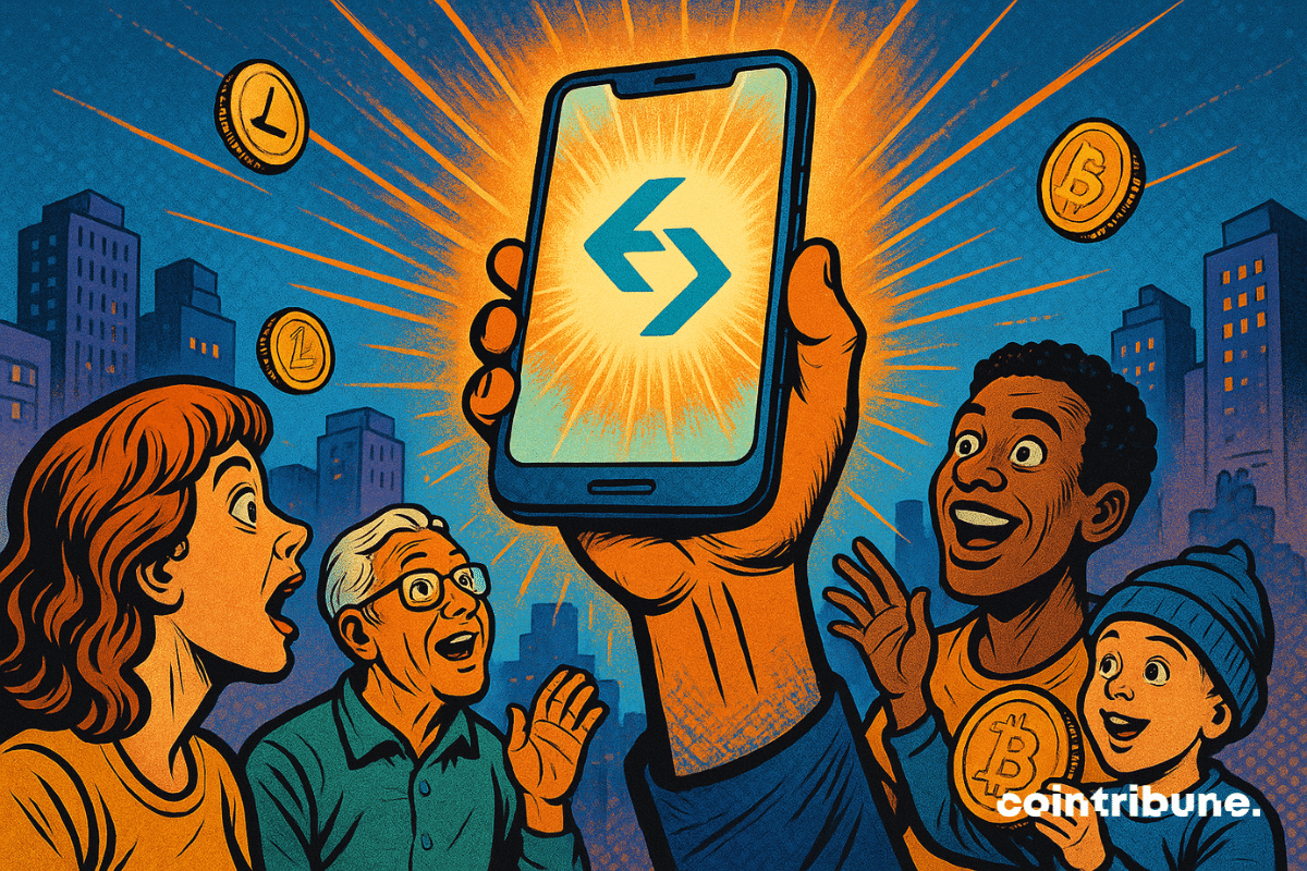 Ilustração de uma mão segurando um smartphone brilhante com o logotipo da Bitget, iluminando uma multidão maravilhada de todas as idades.