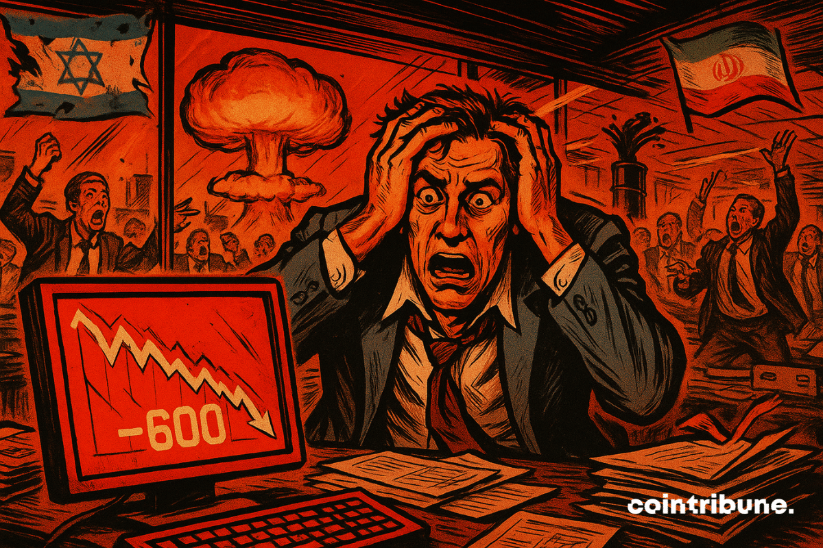 Ilustração de um trader em pânico segurando a cabeça em uma sala de negociações caótica, diante de uma tela vermelha exibindo uma queda de −600 pontos.