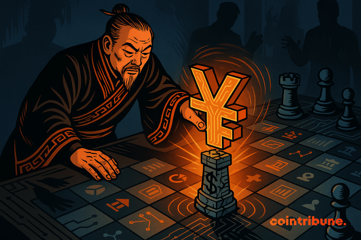 Estrategista chinês manipulando uma moeda de Yuan para esmagar uma torre que simboliza o dólar