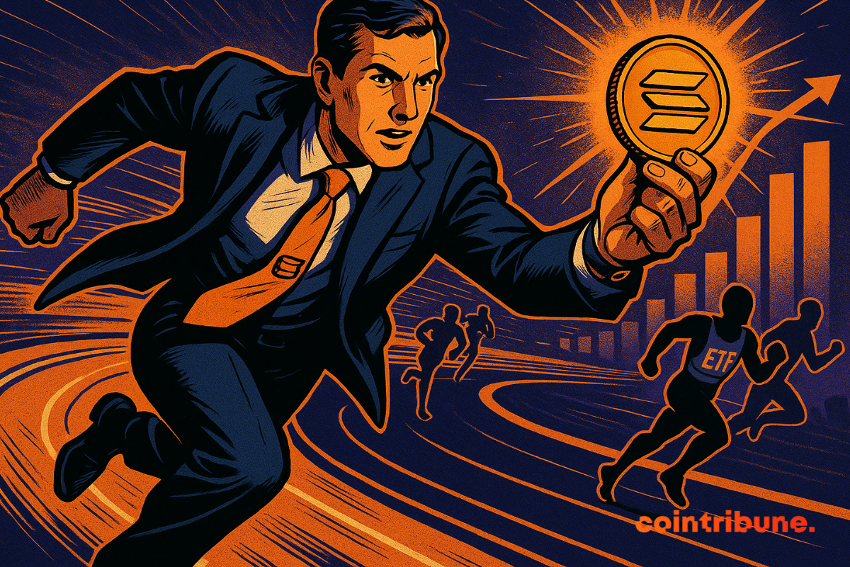 Agente da CoinShare segurando uma moeda Solana brilhante, correndo à frente dos corredores de ETF numa pista financeira.