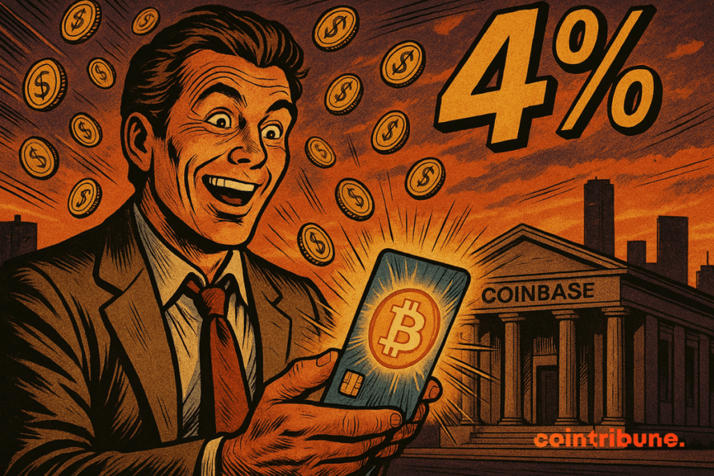 Un utilisateur de Coinbase sourit à la récompense de 4 % en bitcoins sur son téléphone.