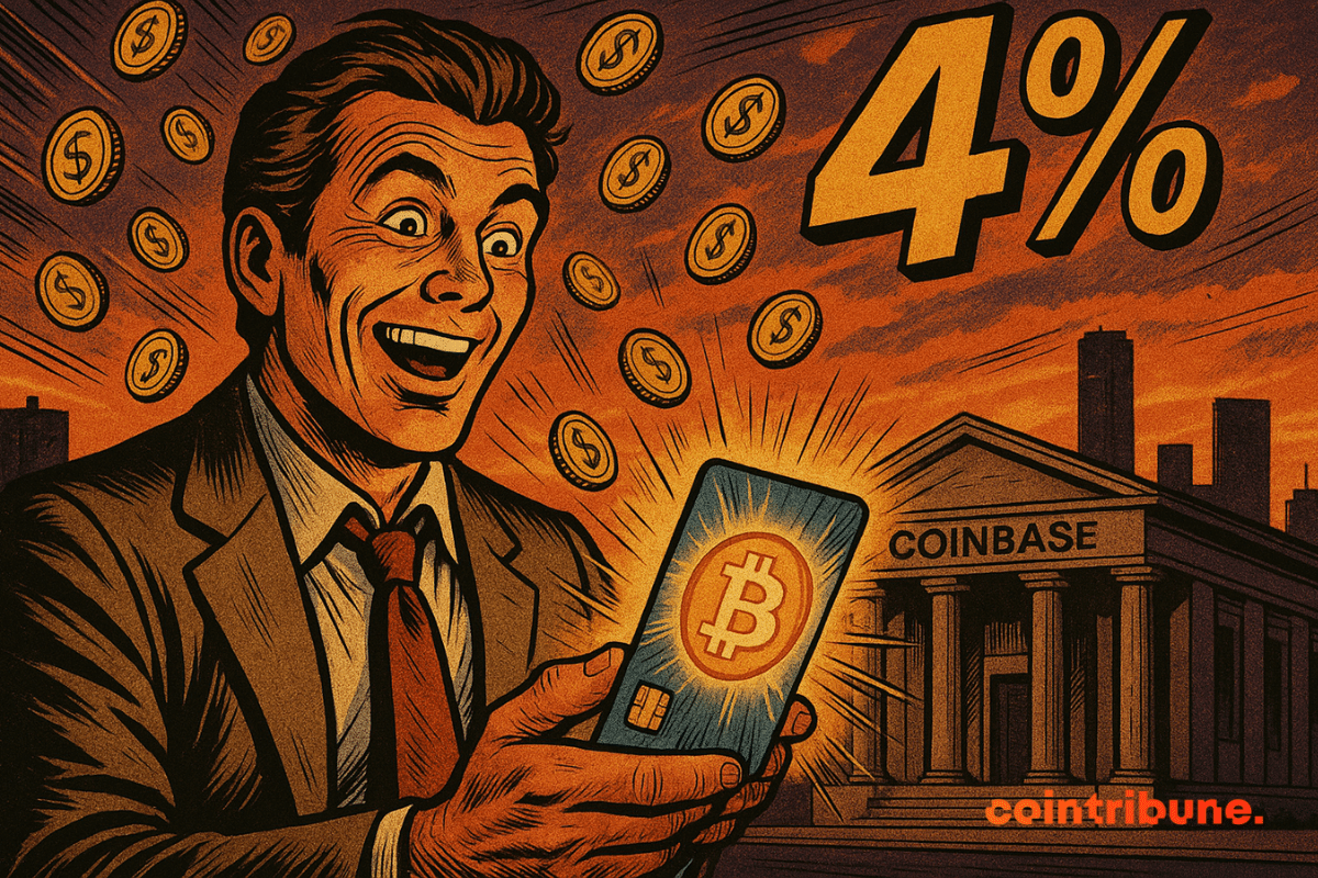 Usuário da Coinbase sorrindo ao receber recompensa de 4% em bitcoin no celular.