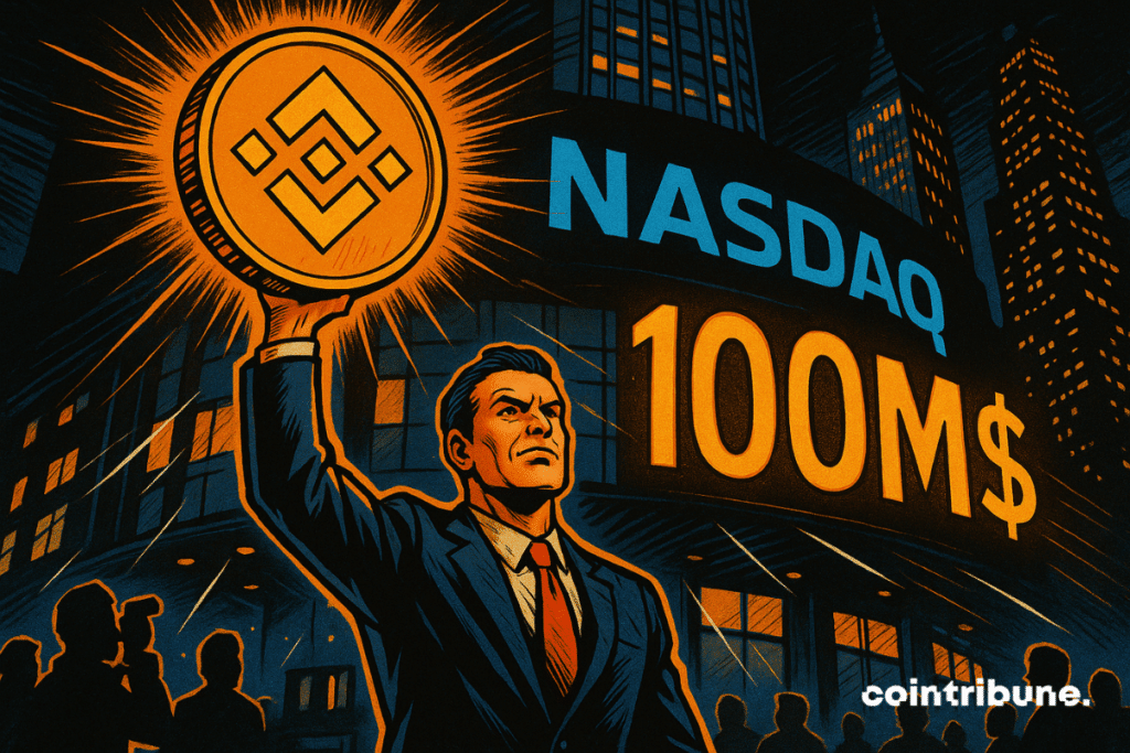 Un homme lève haut la crypto BNB devant le bâtiment du Nasdaq;