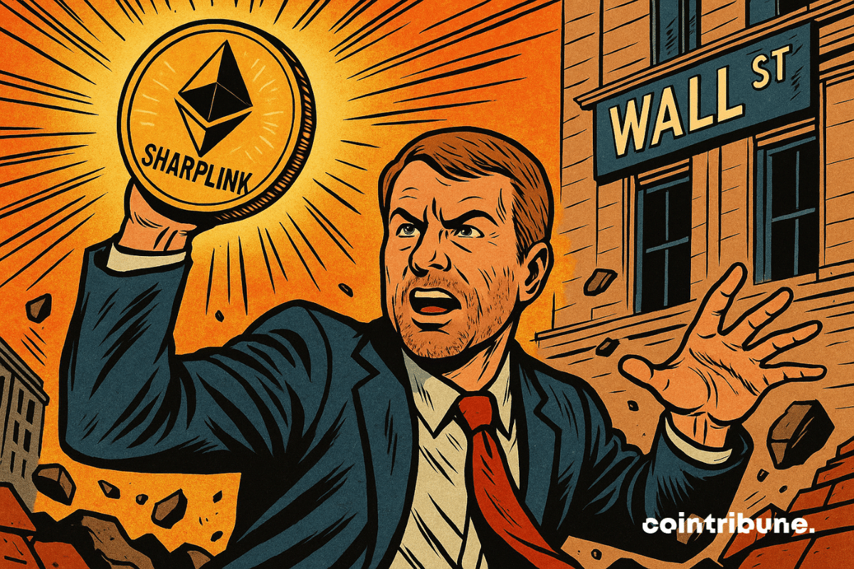 Ilustração de um empresário brandindo a criptomoeda Ethereum com a marca "SharpLink".