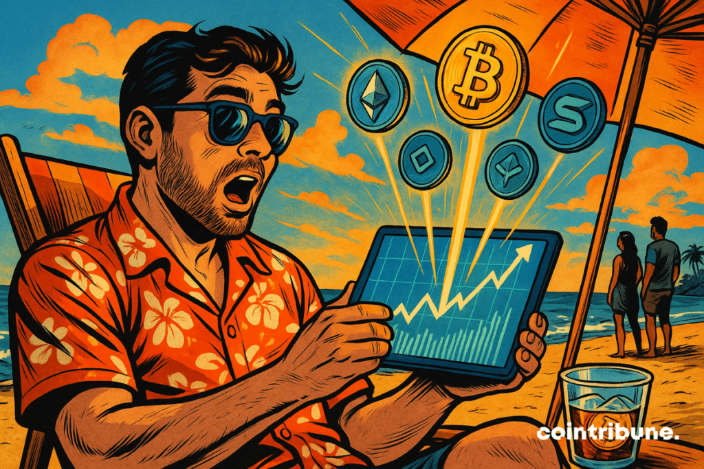 A crypto investor at the beach, summer vibes and a digital surprise. Sitting in a deckchair under a white-orange umbrella, leaning slightly forward, holding a tablet in both hands. It displays an ultra-bullish chart with five floating tokens above the screen: Bitcoin (BTC), Ethereum (ETH), Solana (SOL), and two others are stylized.