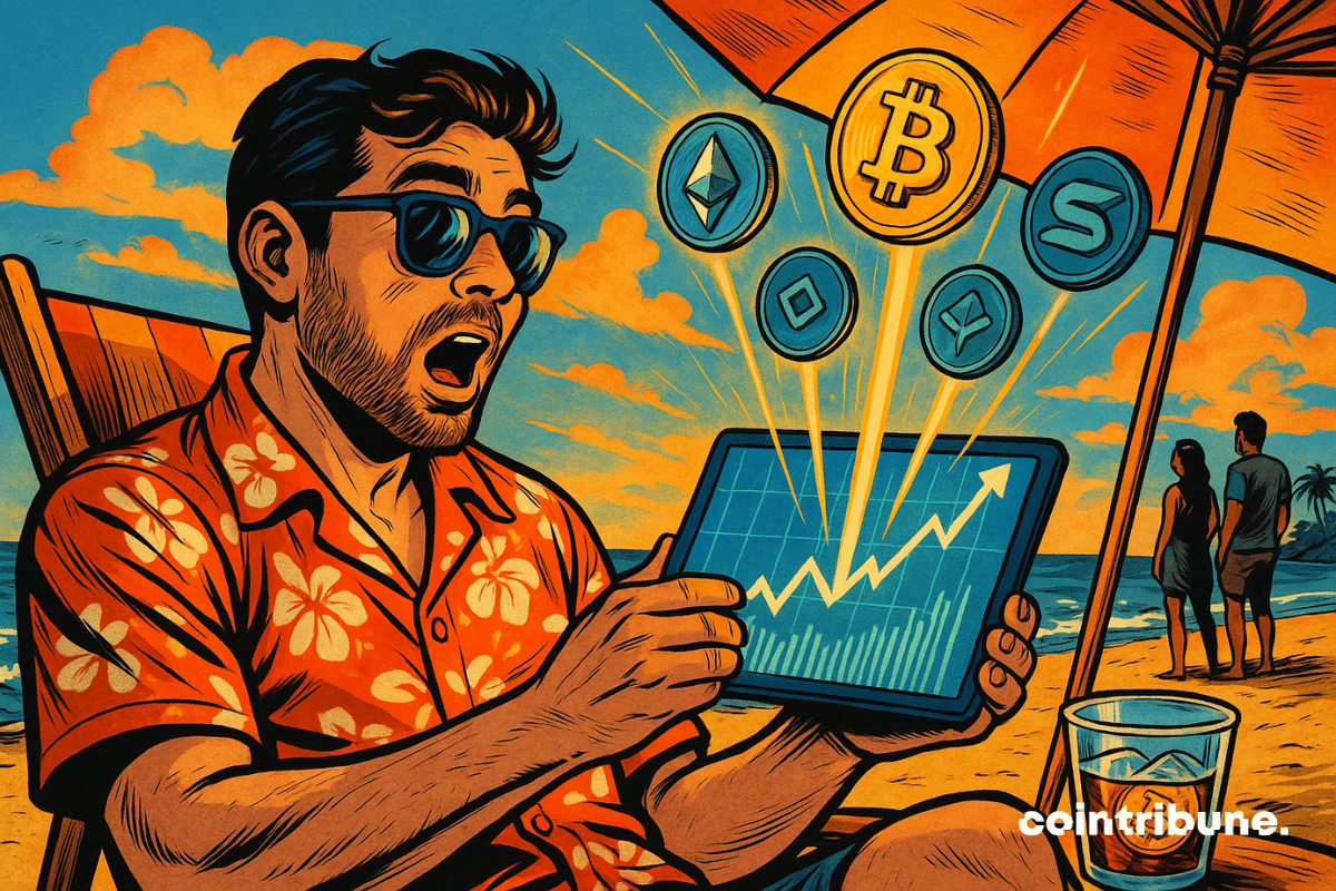 A crypto investor at the beach, summer vibes and a digital surprise. Sitting in a deckchair under a white-orange umbrella, leaning slightly forward, holding a tablet in both hands. It displays an ultra-bullish chart with five floating tokens above the screen: Bitcoin (BTC), Ethereum (ETH), Solana (SOL), and two others are stylized.