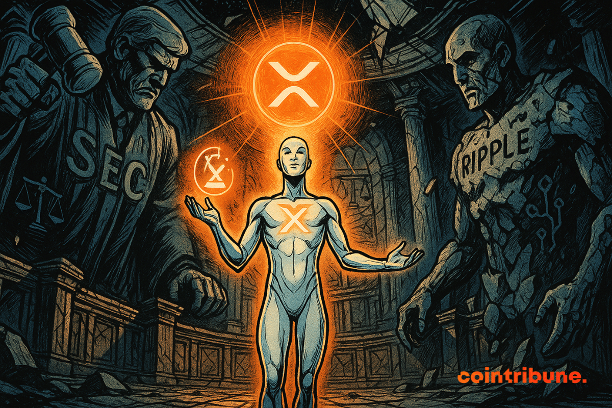 Ilustração de uma figura luminosa representando a cripto XRP entre dois titãs de pedra.