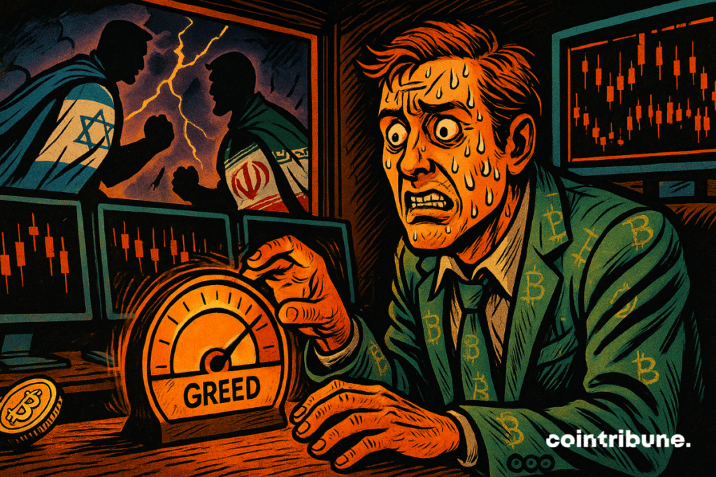 A imagem mostra um trader de criptomoedas suado sentado em uma sala de negociação escura, com os olhos arregalados de pânico.