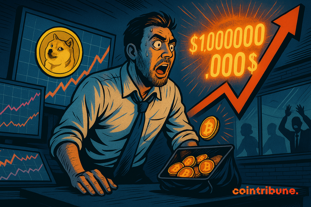 Surprised trader surrounded by a Dogecoin logo, a red upward arrow, and the number $1 billion