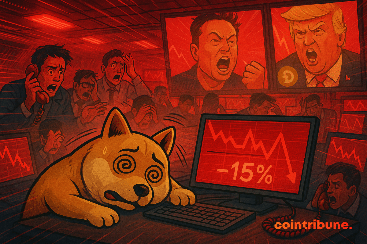 Mascote da Dogecoin entra em colapso enquanto traders de criptomoedas entram em pânico e telas mostram Musk e Trump discutindo.