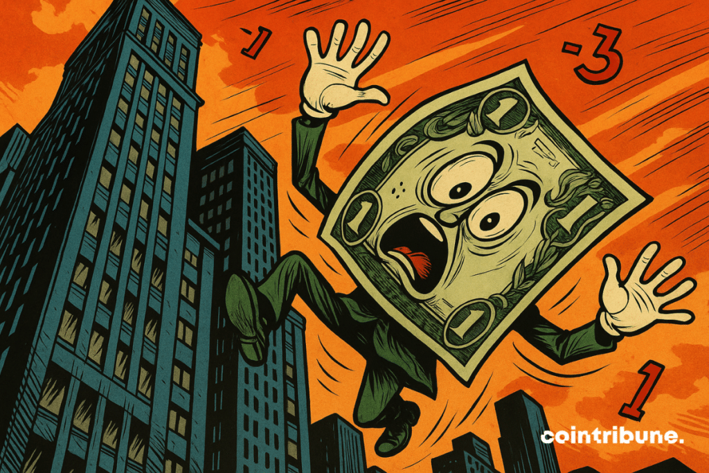 Un billete de dólar con cara de pánico cae boca abajo desde un rascacielos financiero (Wall Street).