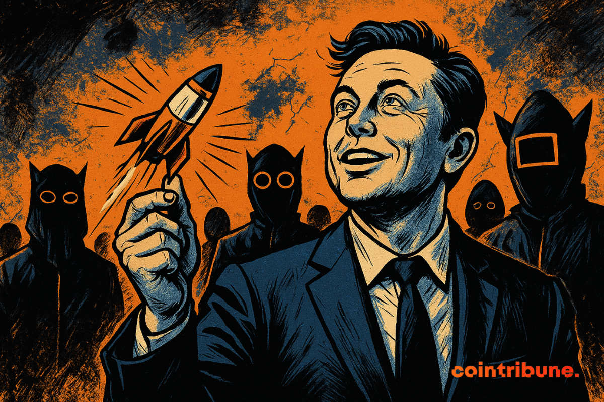 Elon Musk sorrindo, segurando um modelo de foguete, cercado por figuras mascaradas, contra um fundo dinâmico laranja e preto.