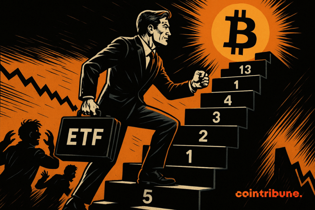 Um investidor determinado sobe uma escada em direção a um Bitcoin brilhante.