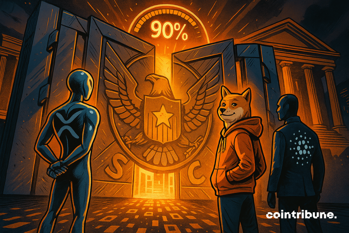 A gate opening for the three cryptos, symbolizing the upcoming approval of crypto ETFs.