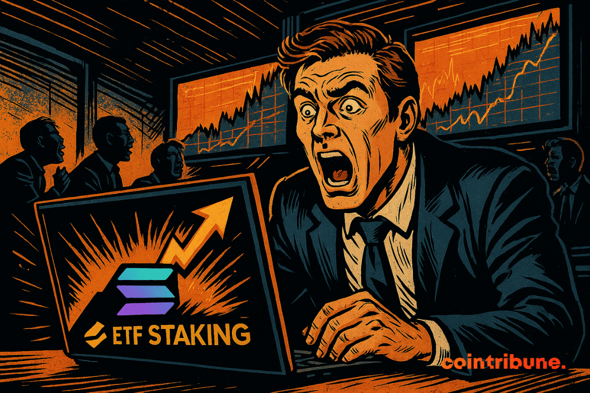Um trader chocado olha para um gráfico de Solana com "ETF STAKING" e uma seta ascendente, cercado por colegas.