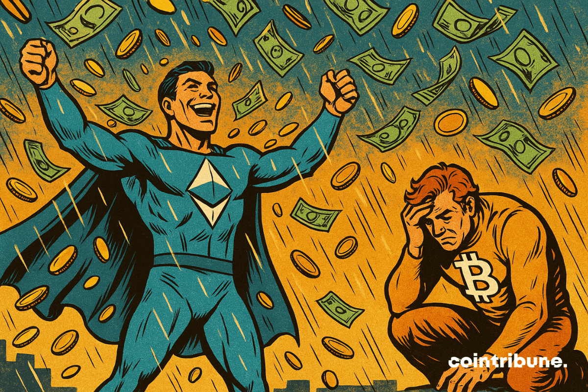 Ilustração do Ethereum, triunfante sob uma chuva de notas e um Bitcoin, agachado