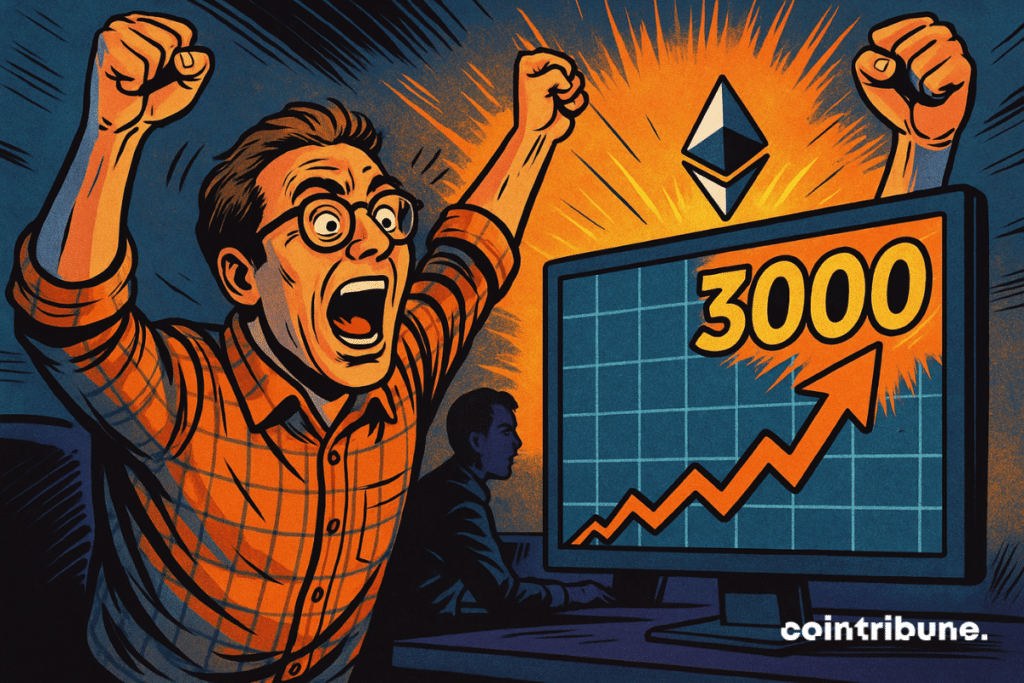 Comerciante de Ethereum gritando vitória em frente a uma tela que exibe um preço de US$ 3.000