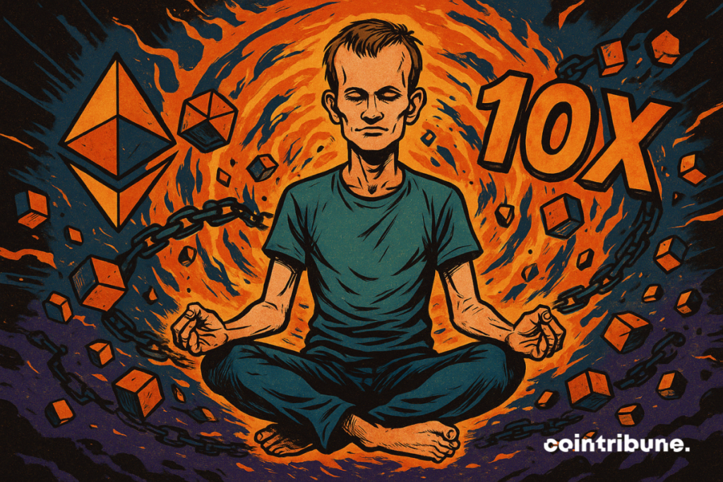 Vitalik Buterin méditant sur un fond de vortex nanti de chaînes et blocs avec le logo d'Ethereum