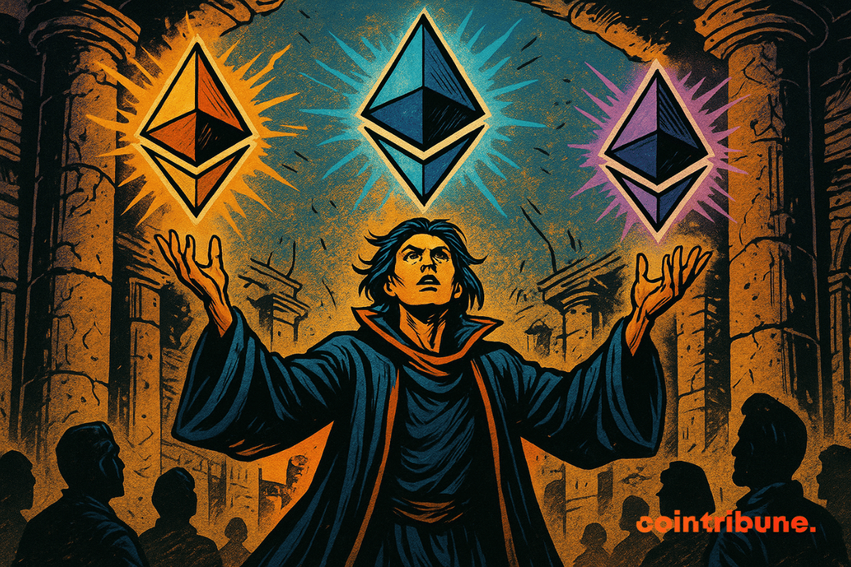 Oráculo manipulando símbolos Ethereum de cores diferentes