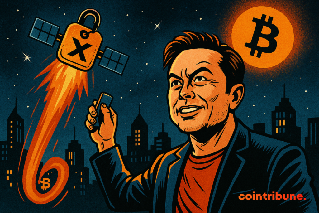 Ilustração de Elon Musk lançando um satélite em forma de "X" no céu, com o símbolo do Bitcoin ao fundo.