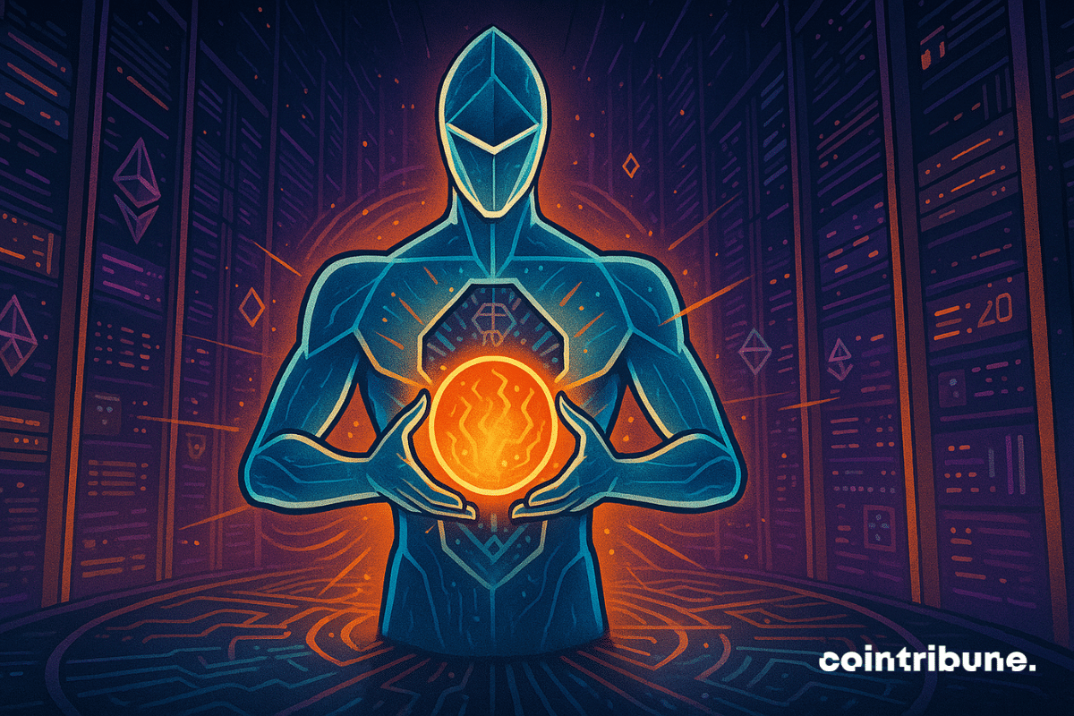 Ethereum holds in its hands a stylized, pulsating, radiant, intense orange energy sphere: "Fusaka," personified as a source of new power for the blockchain and its crypto. Its torso is mechanically open (like a door with hexagonal shutters), revealing a heart in the shape of a crystalline chip, with luminous circuits.