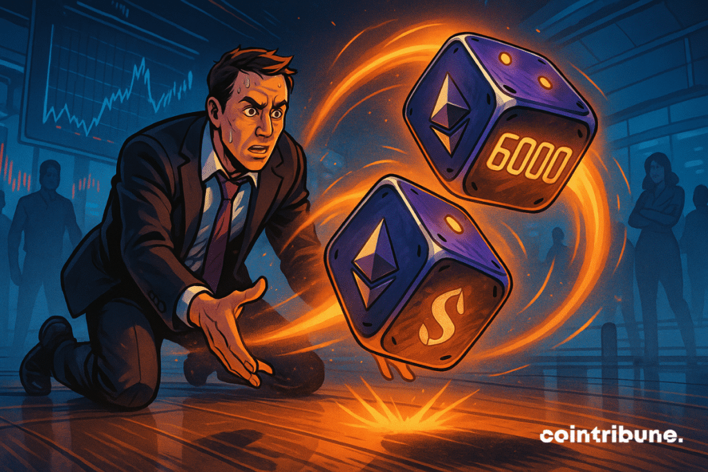 Um trader de criptomoedas se inclina para frente e joga os dados, simbolizando as apostas no Ethereum.