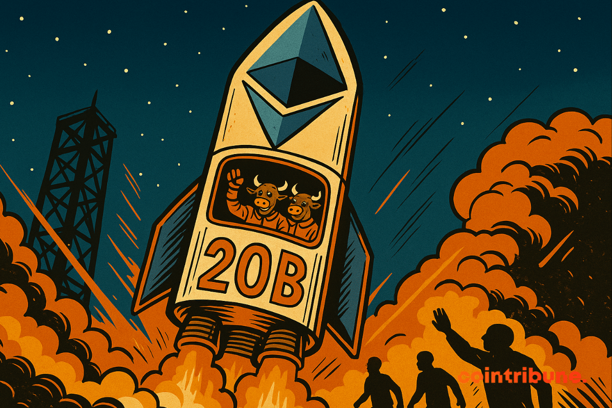 Foguete Ethereum com "20B" e touros sendo lançados ao espaço.