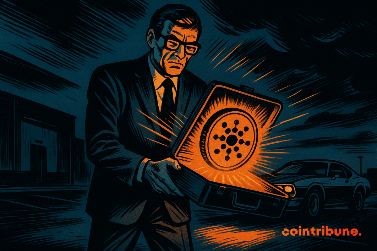 Ilustração de um engenheiro da Ford abrindo uma pasta da qual emerge o logotipo do blockchain Cardano