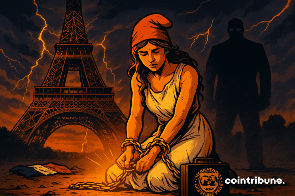 Uma figura feminina emblemática da França, ajoelhada e levemente inclinada para frente. Seus pulsos estão presos por correntes douradas pesadas, ligadas a uma maleta preta no chão à sua frente, estampada com o logotipo do FMI, simbolizando uma tutela imposta devido a uma dívida pública colossal.