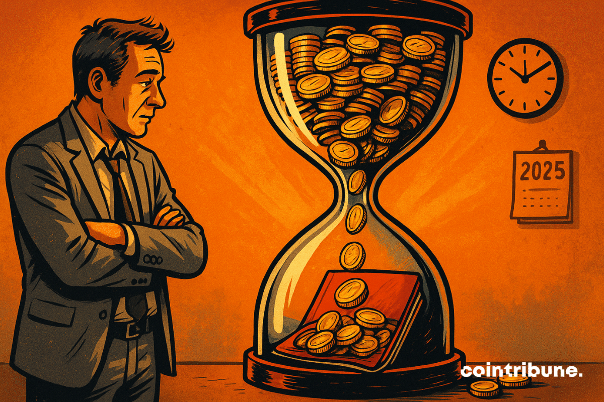 Un citoyen de France observe un sablier rempli de pièces d’euros empilées, qui commencent à tomber une à une dans la partie inférieure. Dans la base du sablier, un Livret A rouge vif est ouvert et posé à plat.